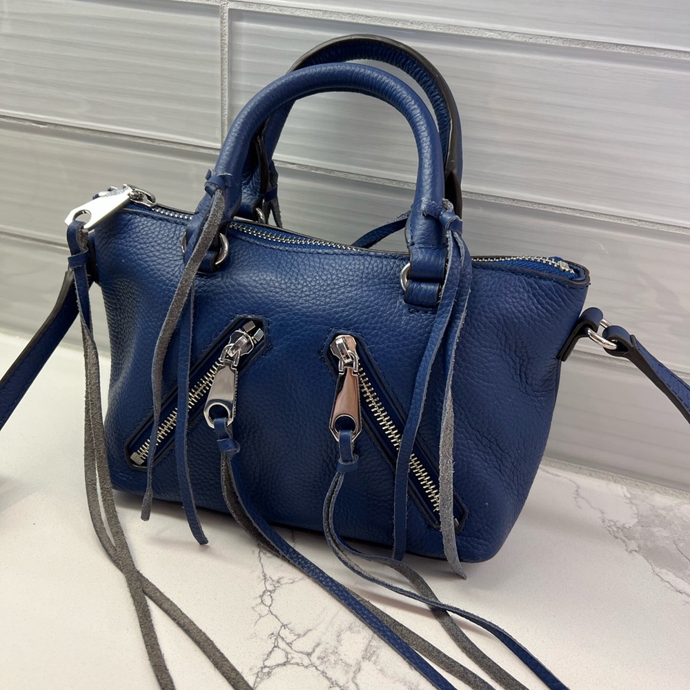 Rebecca Minkoff Micro Moto Crossbody Bag Blue Pebble Leather